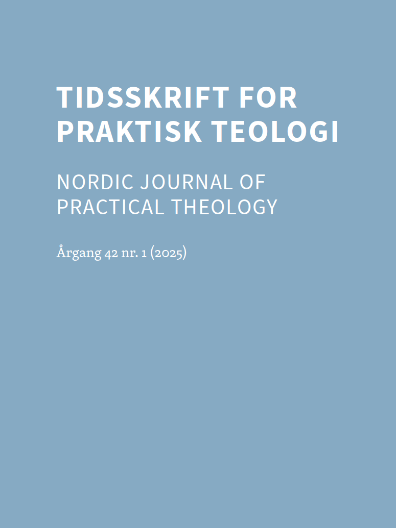 Forsiden på Tidsskrift for praktisk teologi. Lyseblå bakgrunn med hvit skrift.